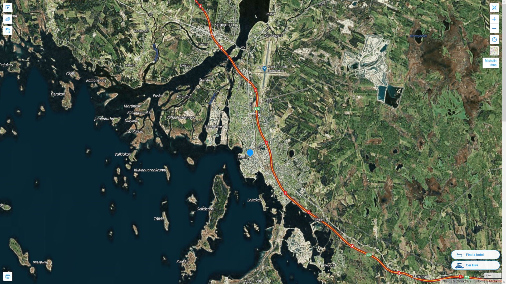 Kemi Finlande Autoroute et carte routiere avec vue satellite